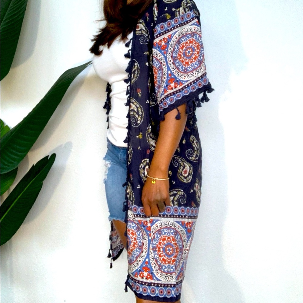 Navy blue floral print midi sleeve kimono